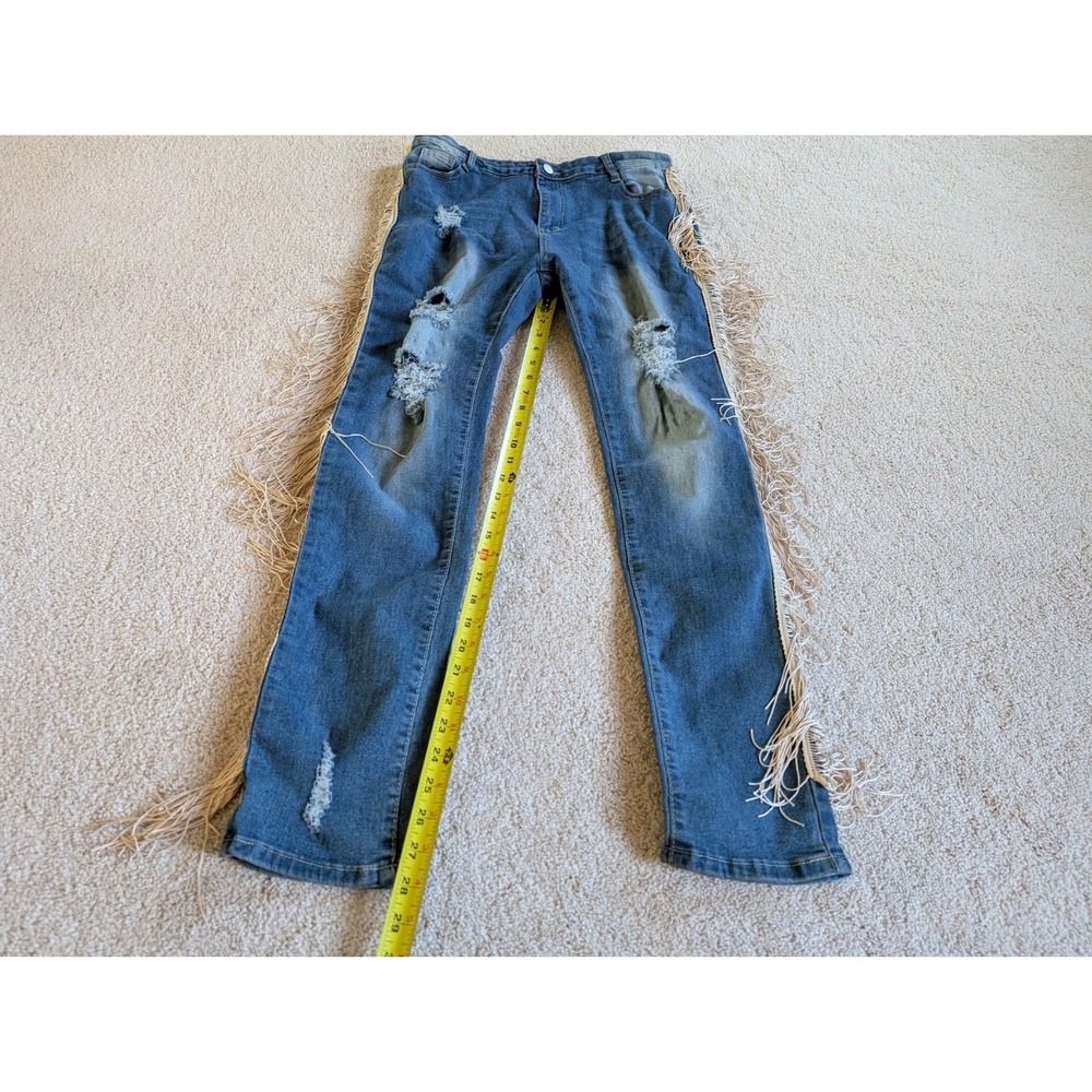 Mundefeis Womens Denim Fringe Boho Jeans XL Blue Distressed Straight Leg - Picture 10 of 14